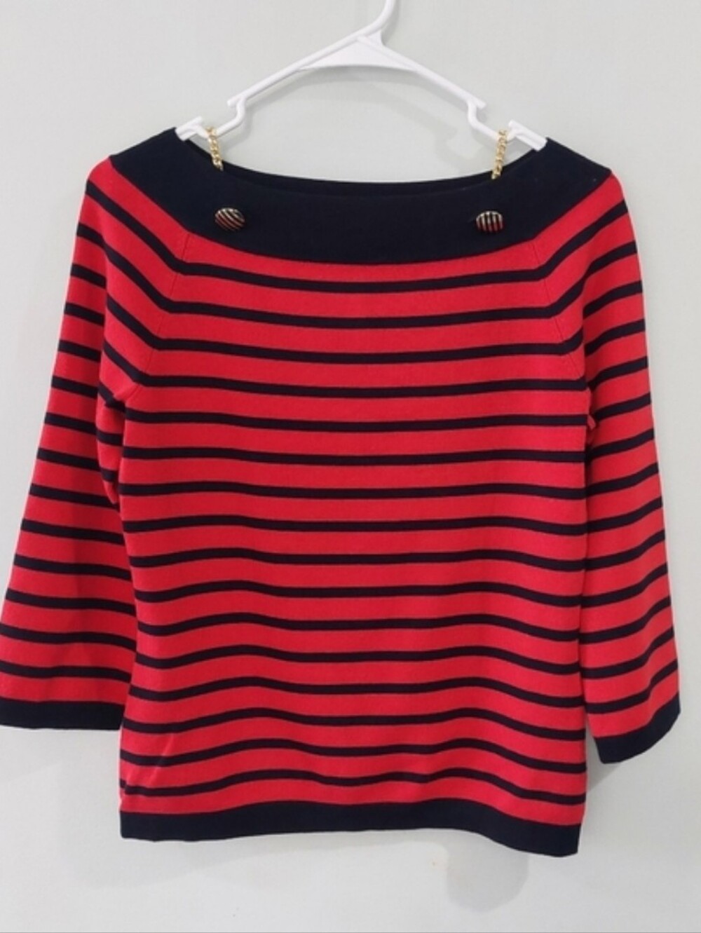 Carlisle Womens Sweater Medium Red Black Stripes 3/4 Sleeves Button Chain Accent